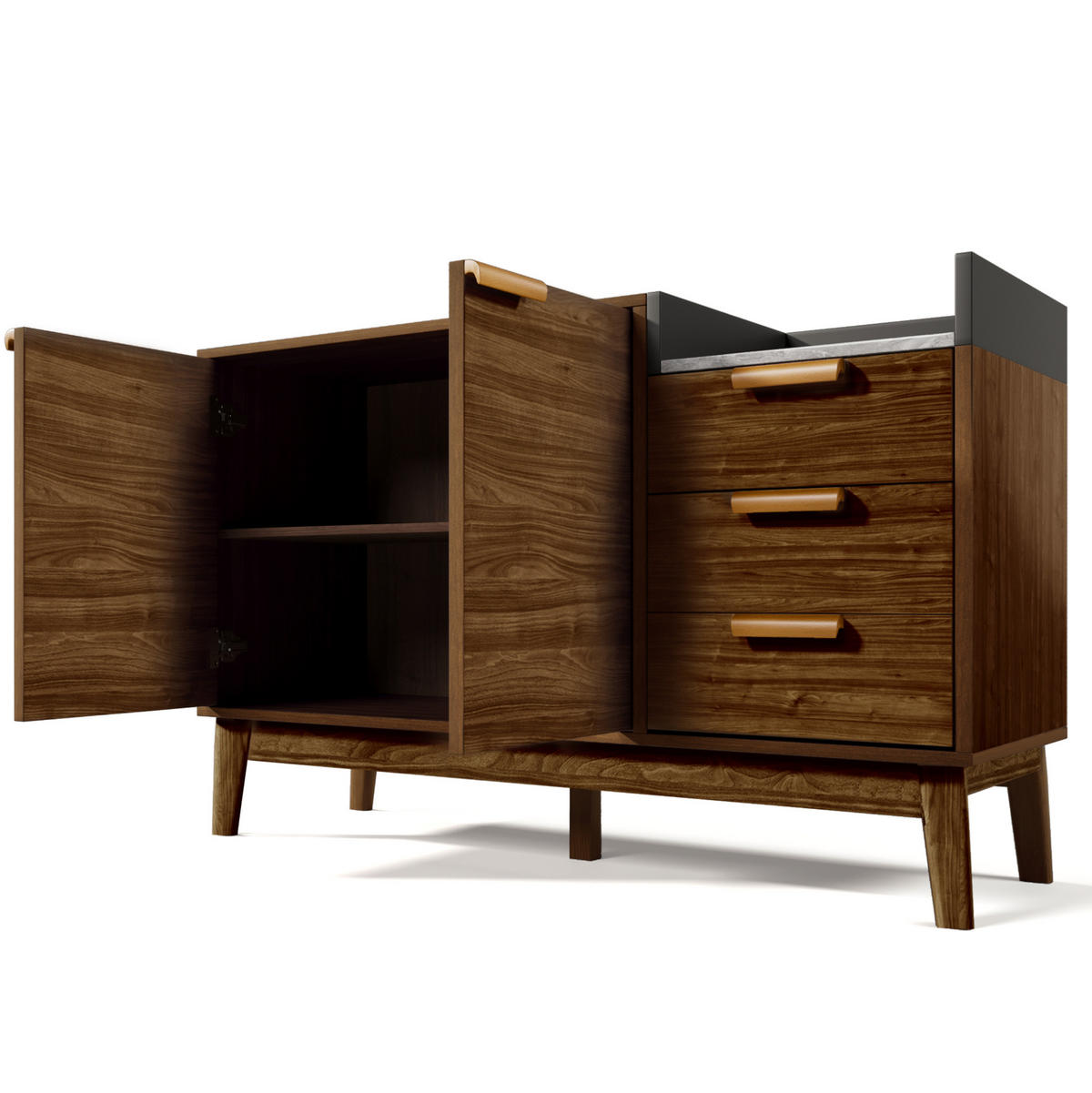 SIDEBOARD in dunkler Eiche mit Marmor-Optik Platte, 3 Schubladen und Doppeltürschrank, kehrroboterfähig, 120/40/77 cm, dunkler Eiche - Eichefarben, Holzwerkstoff (120/77/40cm) - Redom
