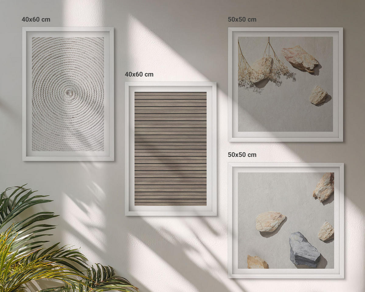 WANDBILDER 4er-Set - 50x50 cm & 40x60 cm Weißer Rahmen - Natürliche Texturen Holz Steine - Weiß, Kunststoff (50/50cm) - ArtPrintCave