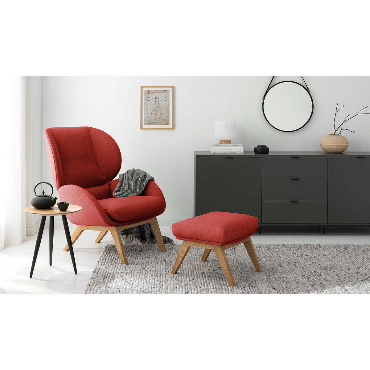 SESSEL - Eichefarben/Rot, Eichenholz/Textil (82/102/90cm) - home24