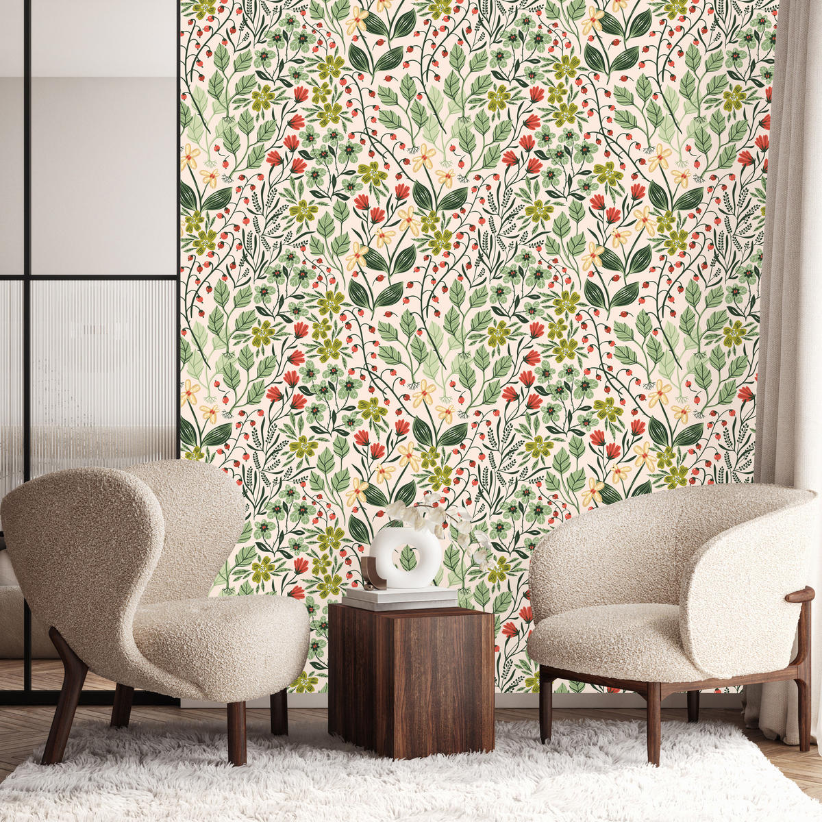 VLIESTAPETE Wildblumen, Blätter und Früchte – Grün, Rosa, Creme – 50x1000 cm - Creme/Rosa, Papier (50/1000cm) - Muralo