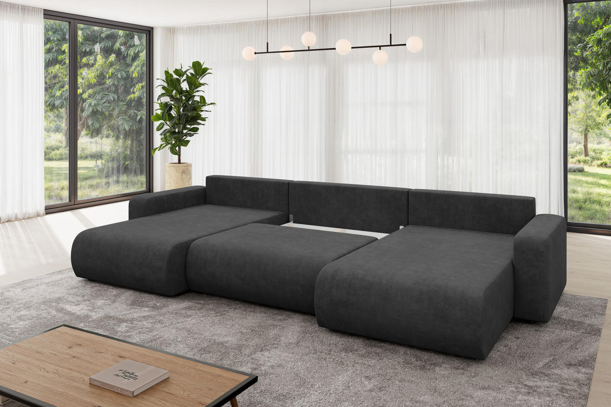 SEDACÍ SOUPRAVA DO U s funkcí spaní a úložným prostorem BERY-U 377x193x88 tmavě šedá velur - černá/antracitová, kompozitní dřevo/textil (377/88/193cm) - ALTDECOR
