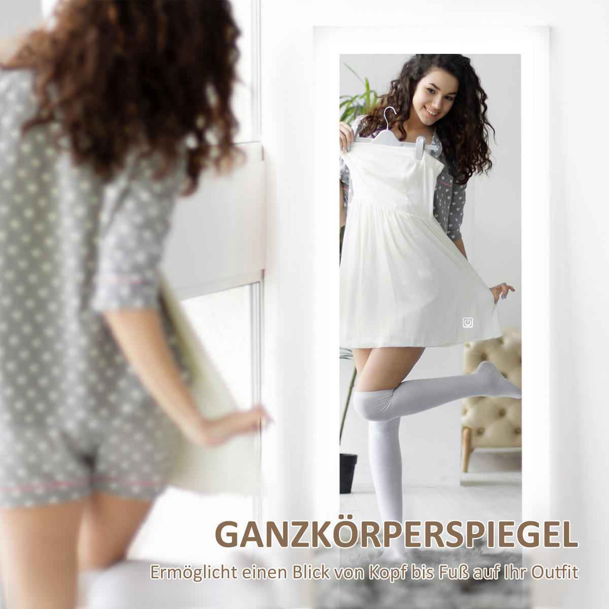 GANZKÖRPERSPIEGEL 40 x 160 cm Standspiegel mit LED Lichte, Weiß - Weiß, Glas (40/160/5cm) - HOMCOM