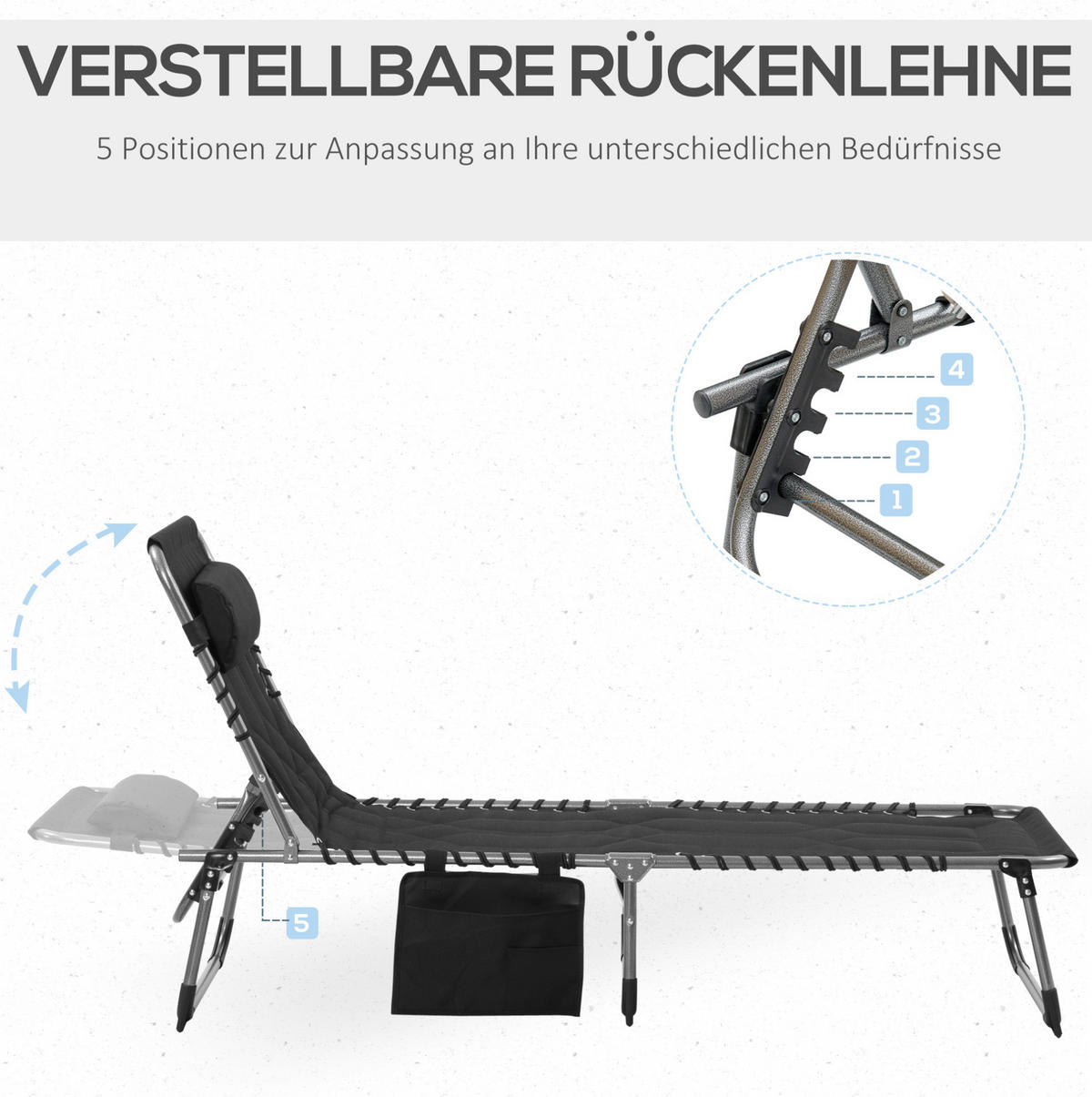 SONNENLIEGE aus Stahl 188x57x30 cm in Schwarz mit 5-fach verstellbarer Rückenlehne - Schwarz, Metall (57/30/188cm) - Modfu