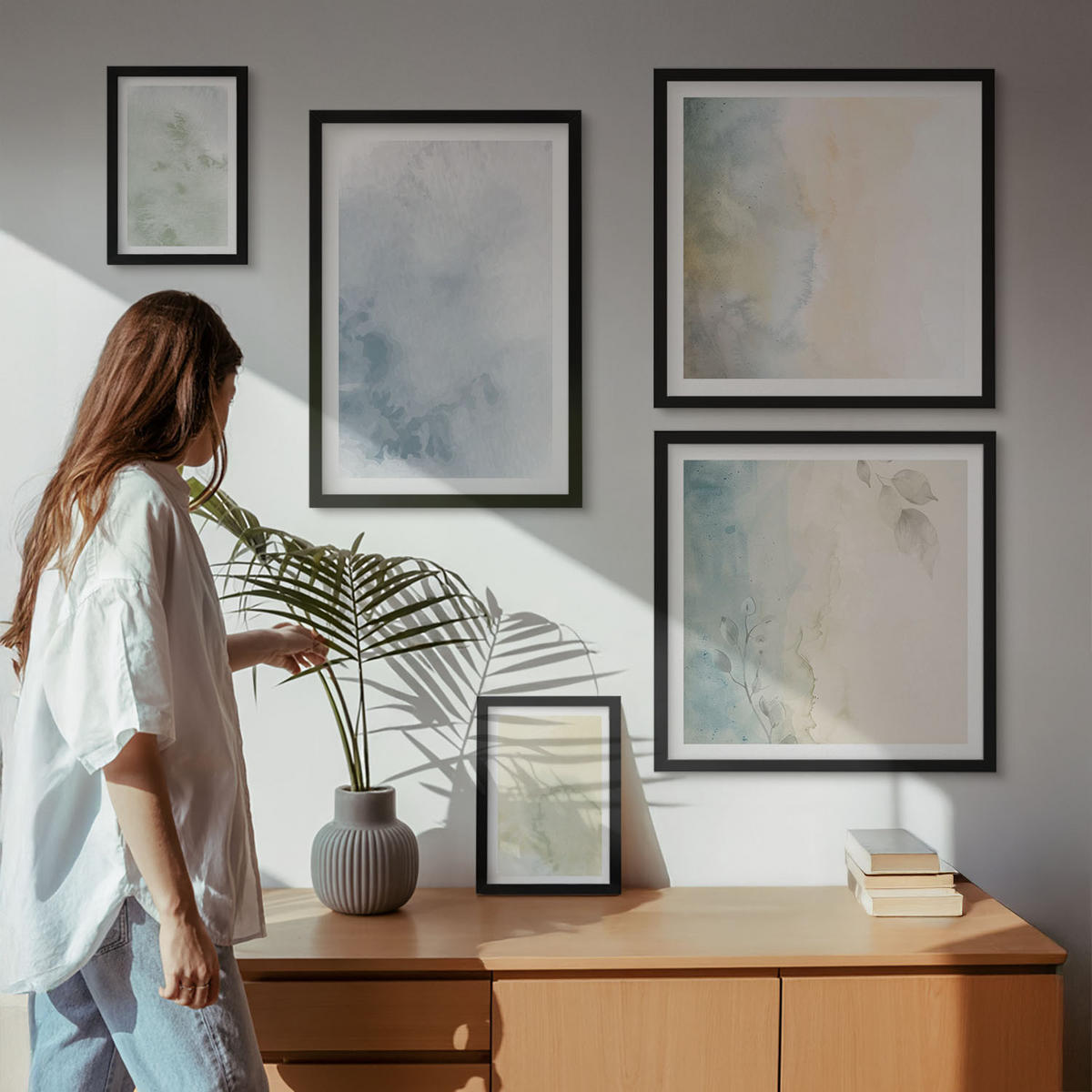 BILDER SET 5er Set - 50x50 cm & 20x30 cm & 40x60 cm Schwarzer Rahmen - Pastellfarbene Aquarell-Leinwandtextur - Schwarz, Kunststoff (40/60cm) - TULUP