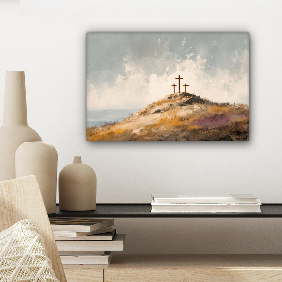 LEINWANDBILD Hügel - Abstrakt - Christentum - Kreuz Deko Schlafzimmer 30x20 cm - Hellgrau, Textil (30/20cm) - MuchoWow