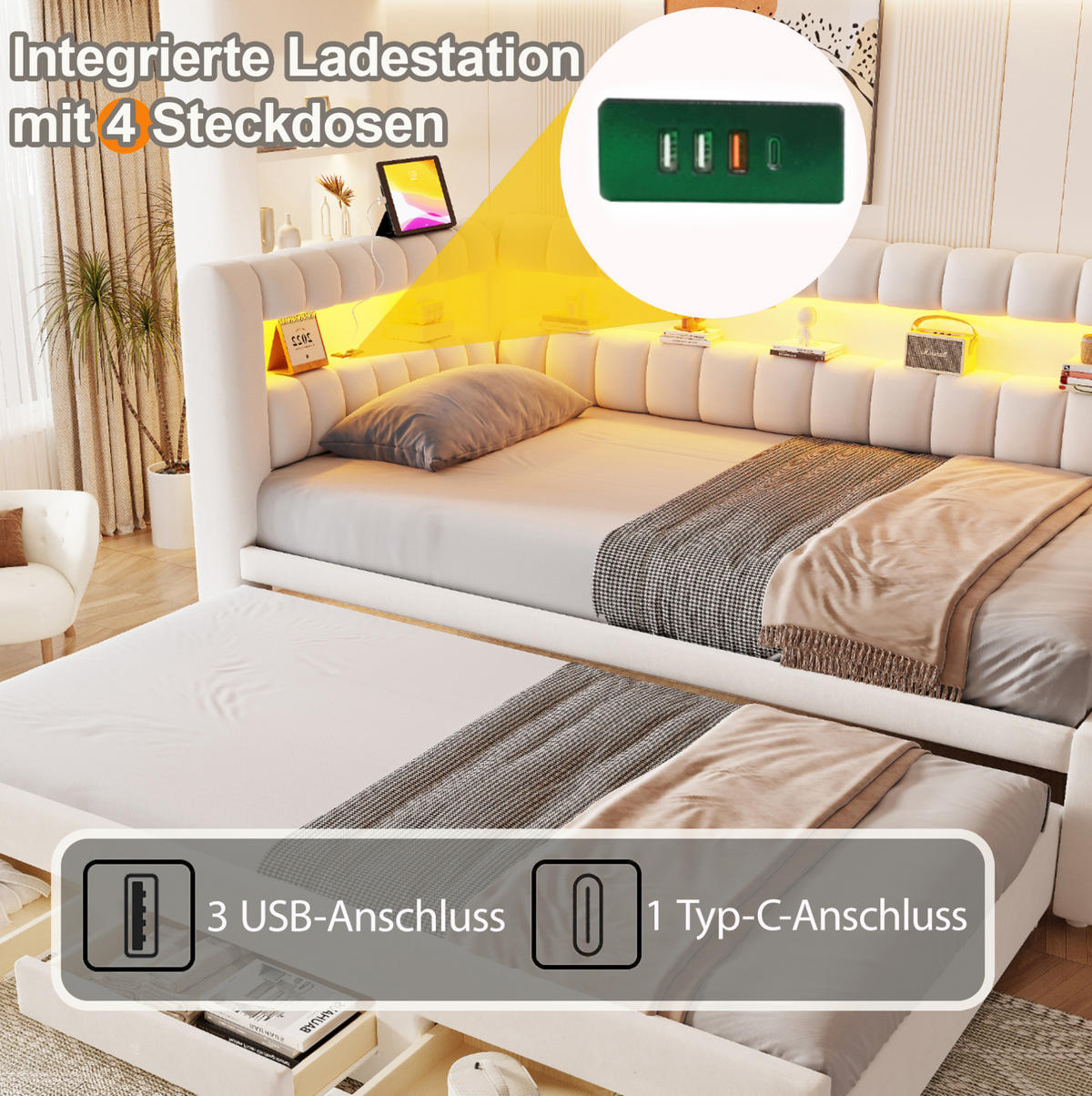 POLSTERBETT Schlafsofa aus Samt 90x190 cm Beige mit Ausziehbett, Stauraum, LED-Beleuchtung und USB-/Typ-C-Anschluss - Beige, Textil (90/190cm) - Modfu