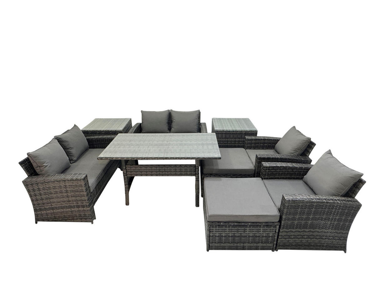 GARTENMÖBELSET mit 2 Sesseln,2 Zweisitzer,2 Hockern,Esstisch,2 Beistelltischen Polyrattan Dunkelgrau 8-Sitzer - Dunkelgrau/Grau, Glas/Kunststoff - Fimous