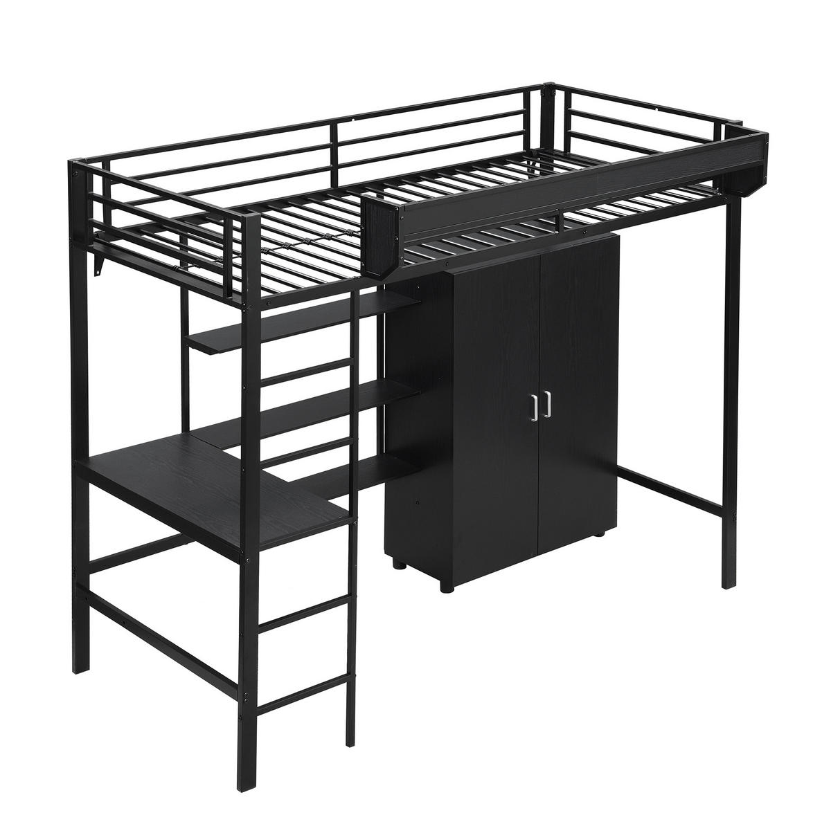 PATROVÁ postel 90/200 cm černá z kovu a dřeva s psacím stolem, šatní skříní a úložným prostorem - bílá, kov (90/200cm) - OKWISH