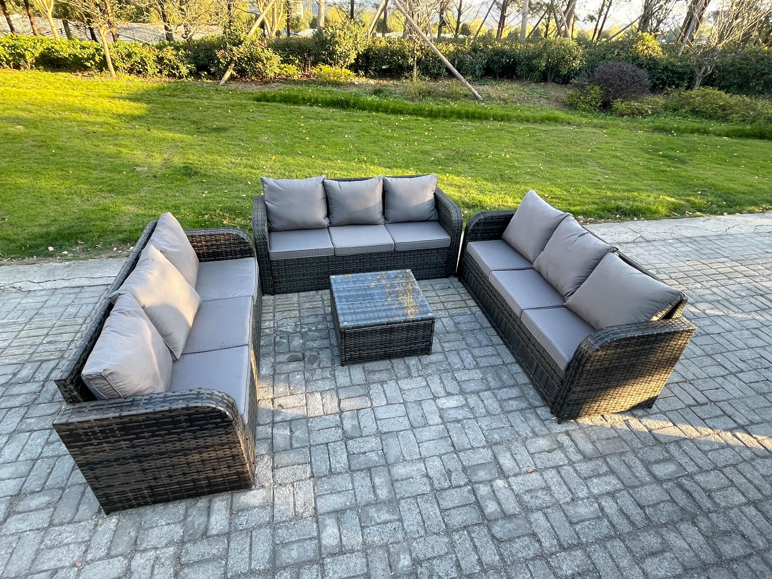 GARTENMÖBELGARNITUR mit KISSEN Polyrattan Dunkelgrau 9-Sitzer - Dunkelgrau/Grau, Glas/Kunststoff - Fimous