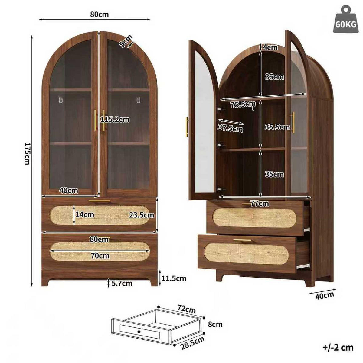 VITRINE mit Glastüren 80 x 40 x 175 cm Holzoptik 2 Schubladen - Braun, Holzwerkstoff (40/175/80cm) - Meubliv