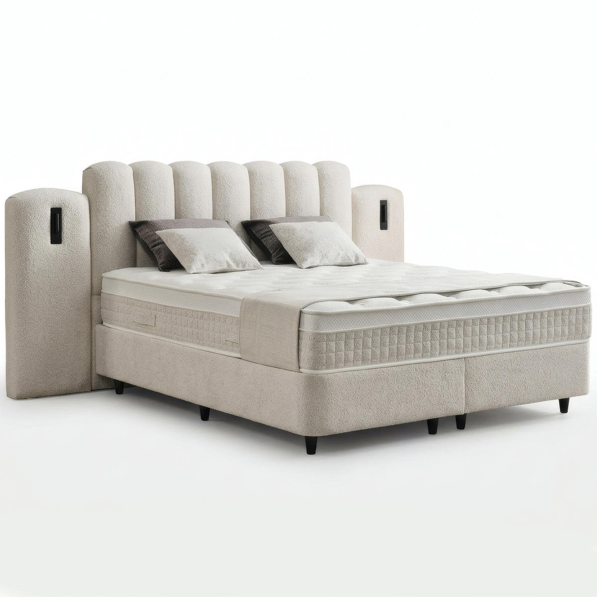 BOXSPRINGBETT MIT BETTKASTEN DUBAI 180/200 cm, Ivory, Bettkasten, Matratze, Topper integriert, H3 mittel 7-Zonen Matratze - Creme/Schwarz, Holz/Kunststoff (180/200cm) - Consilio Concept