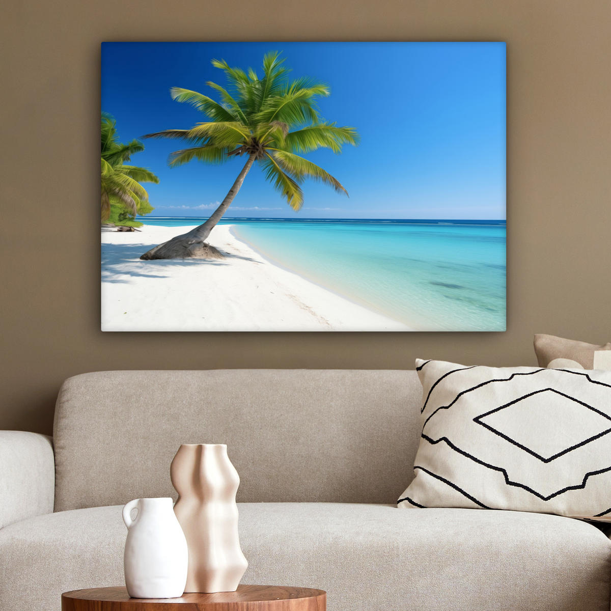 LEINWANDBILD Strand - Palme - Tropisch - Meer Wandbilder 80x60 cm - Grün, Textil (80/60cm) - MuchoWow