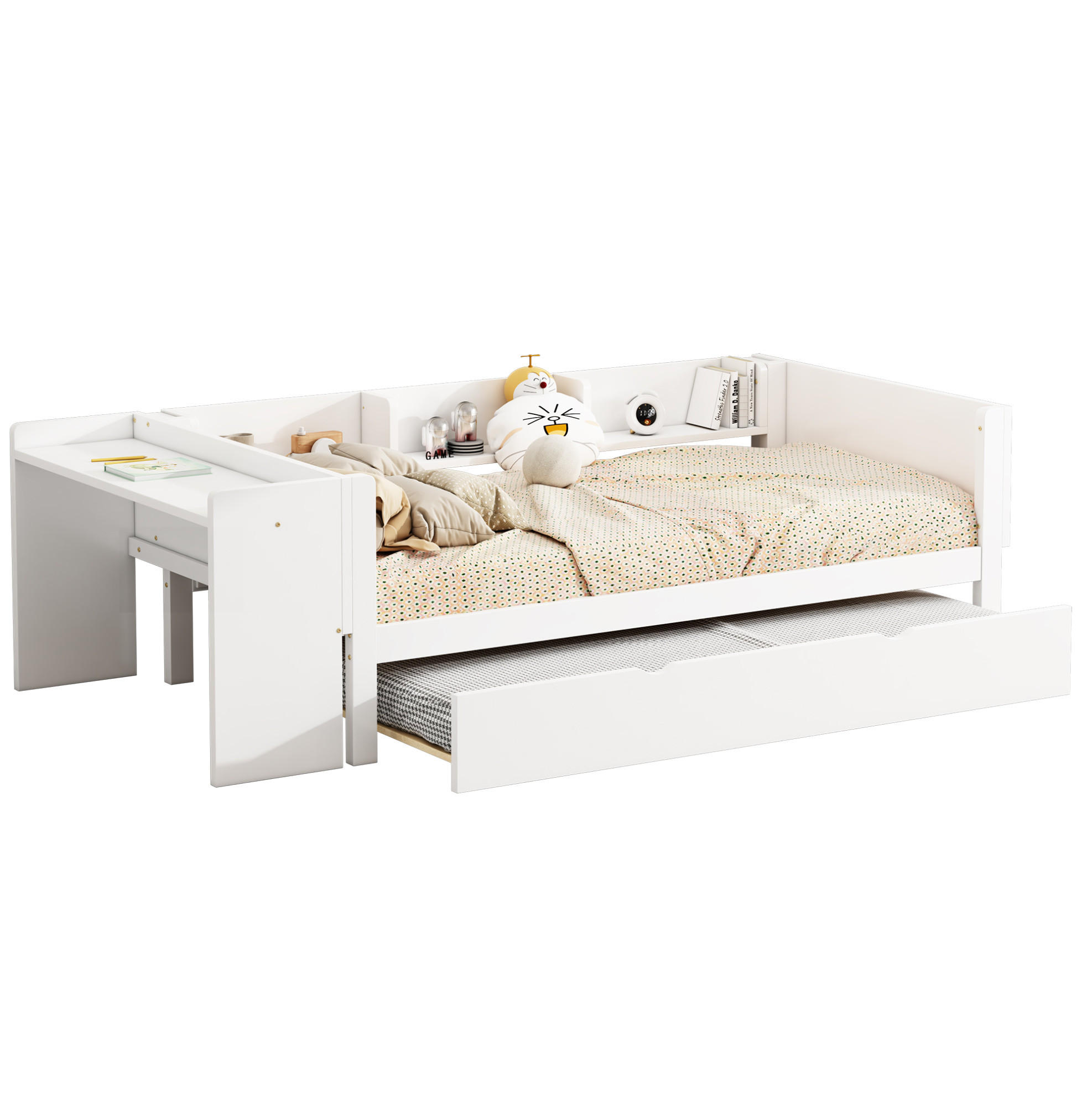 KINDERBETT 90/200 cm aus Kiefer und MDF mit Ausziehbett, Schreibtisch und 3 Seitenregalen Weiß - Weiß, Holzwerkstoff (90/200cm) - Modenvie