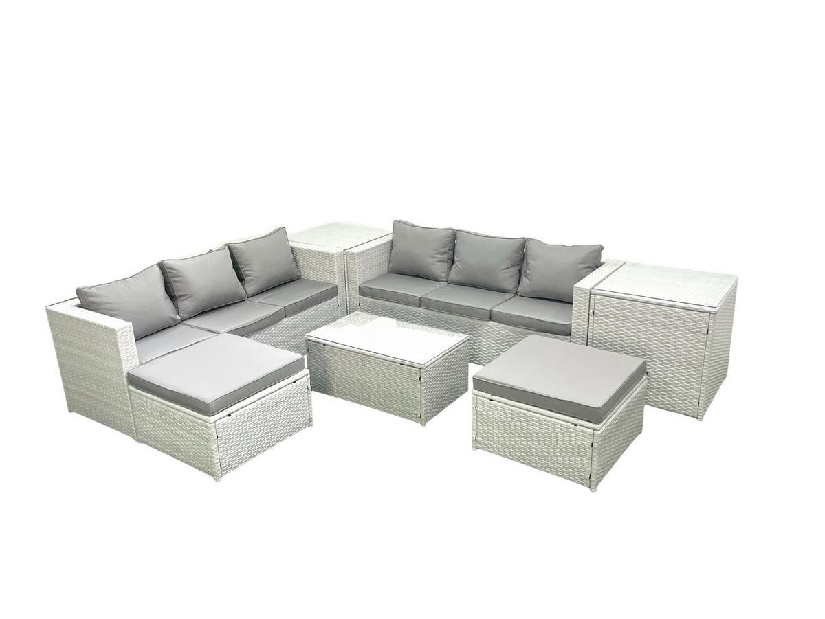 GARTENGARNITUR mit 3-SITZER SOFA,COUCHTISCH Polyrattan Hellgrau-Mix 8-Sitzer - Hellgrau/Grau, Glas/Kunststoff - Fimous