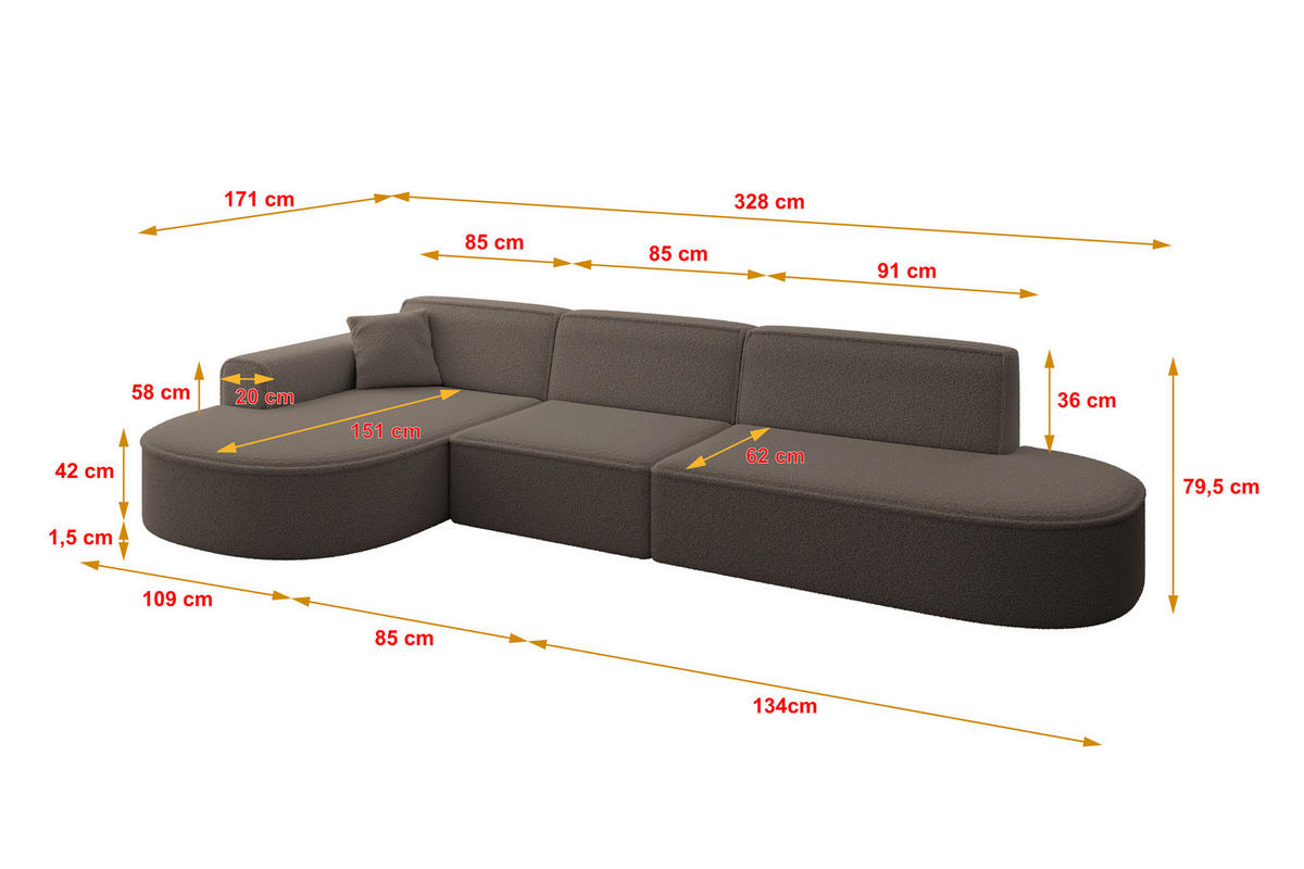 ECKSOFA Ottomane Links MARI-L2 - 328x171x79 cm Braun Bouclé - Schwarz/Braun, Holzwerkstoff/Kunststoff (328/171cm) - ALTDECOR