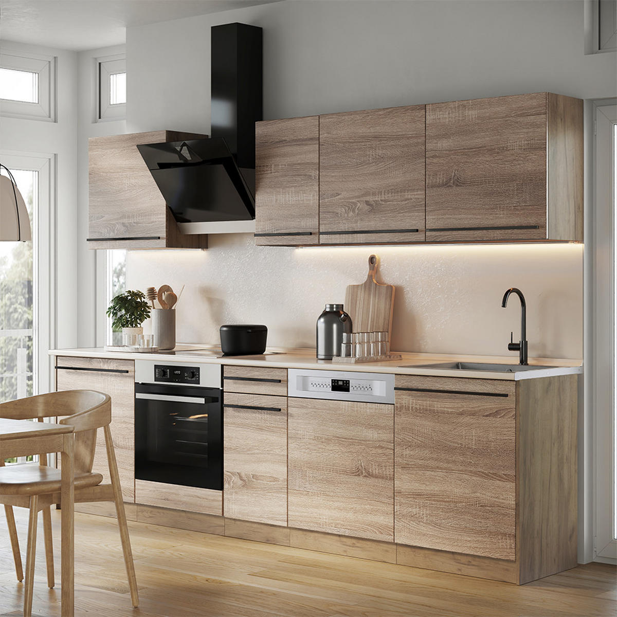 KÜCHENZEILE R-Line, Sonoma/Goldkraft Eiche, 280 cm Arbeitsplatte Anthrazit - Honigeiche/Sonoma Eiche, Holzwerkstoff (280/206.8/60cm) - Vicco
