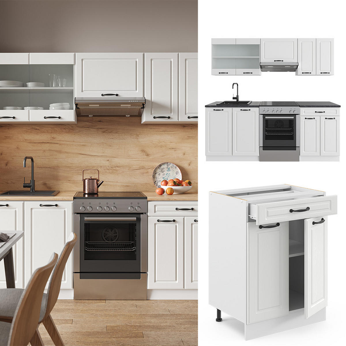 KÜCHENZEILE R-Line Weiß Landhaus/Weiß 200 cm, AP Marmor - Creme/Weiß, Holzwerkstoff (200/81.6/60cm) - Vicco