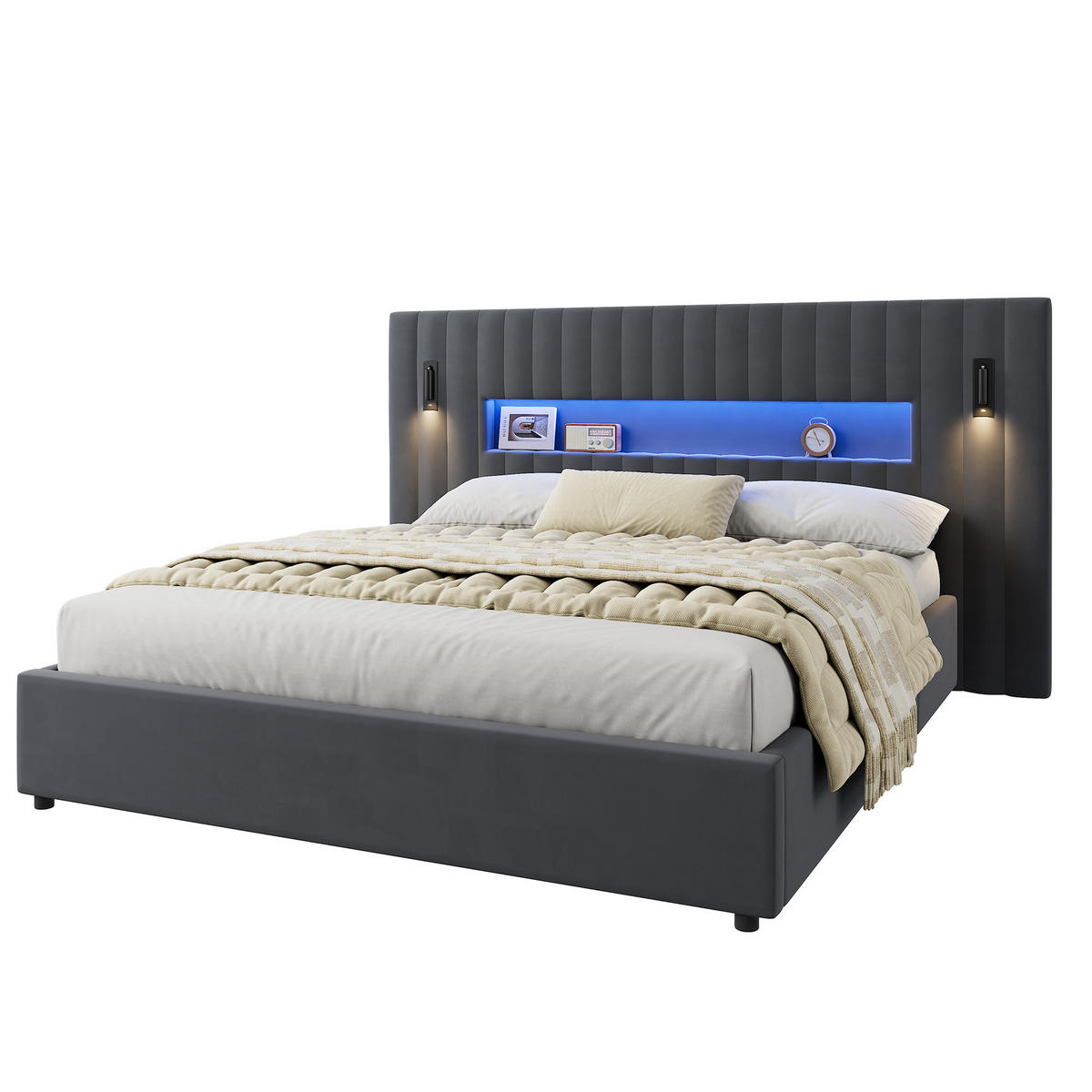 ČALOUNĚNÁ postel 180/200 cm tmavě šedá ze sametu s hydraulickým úložným prostorem a LED čtecím světlem - tmavě šedá, textil (180/200cm) - OKWISH