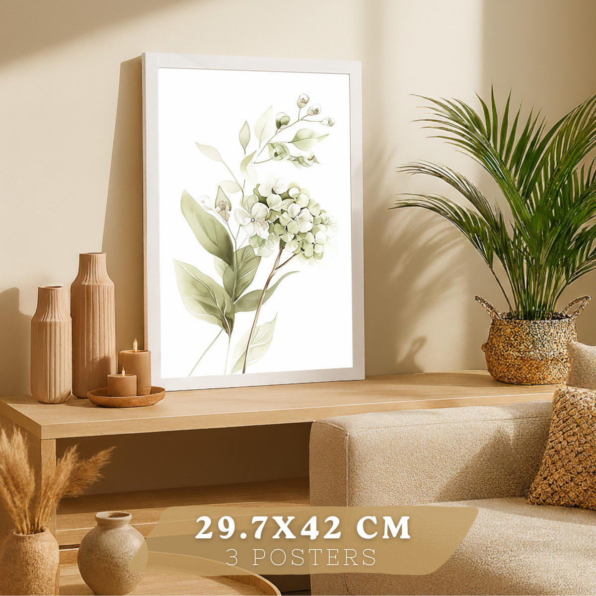 PLAKAT Sada 3 botanických tisků Zelenobílé květy. Akvarelové plakáty rostlin v jemných zelených tónech Obrázky. Velikost A3 Bílý rám - bílá, papír (29.7/42/3cm) - Nacnic