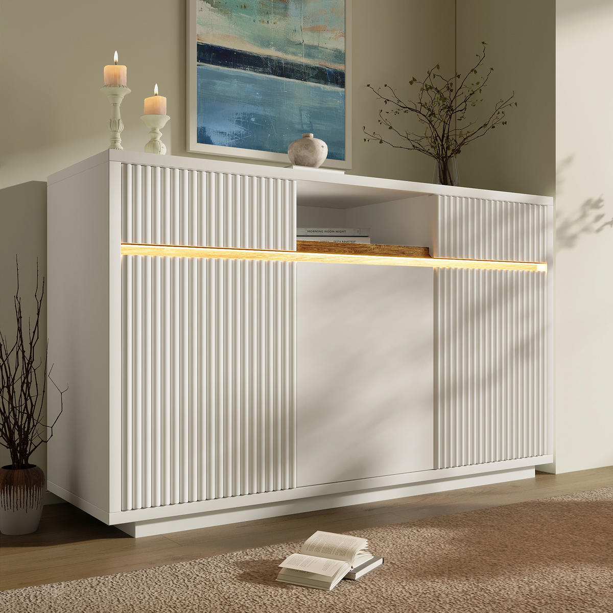 SIDEBOARD 140/40/85 cm in Weiß mit LED und 2 Schubladen - Weiß, Holzwerkstoff (140/85/40cm) - CHICFURN