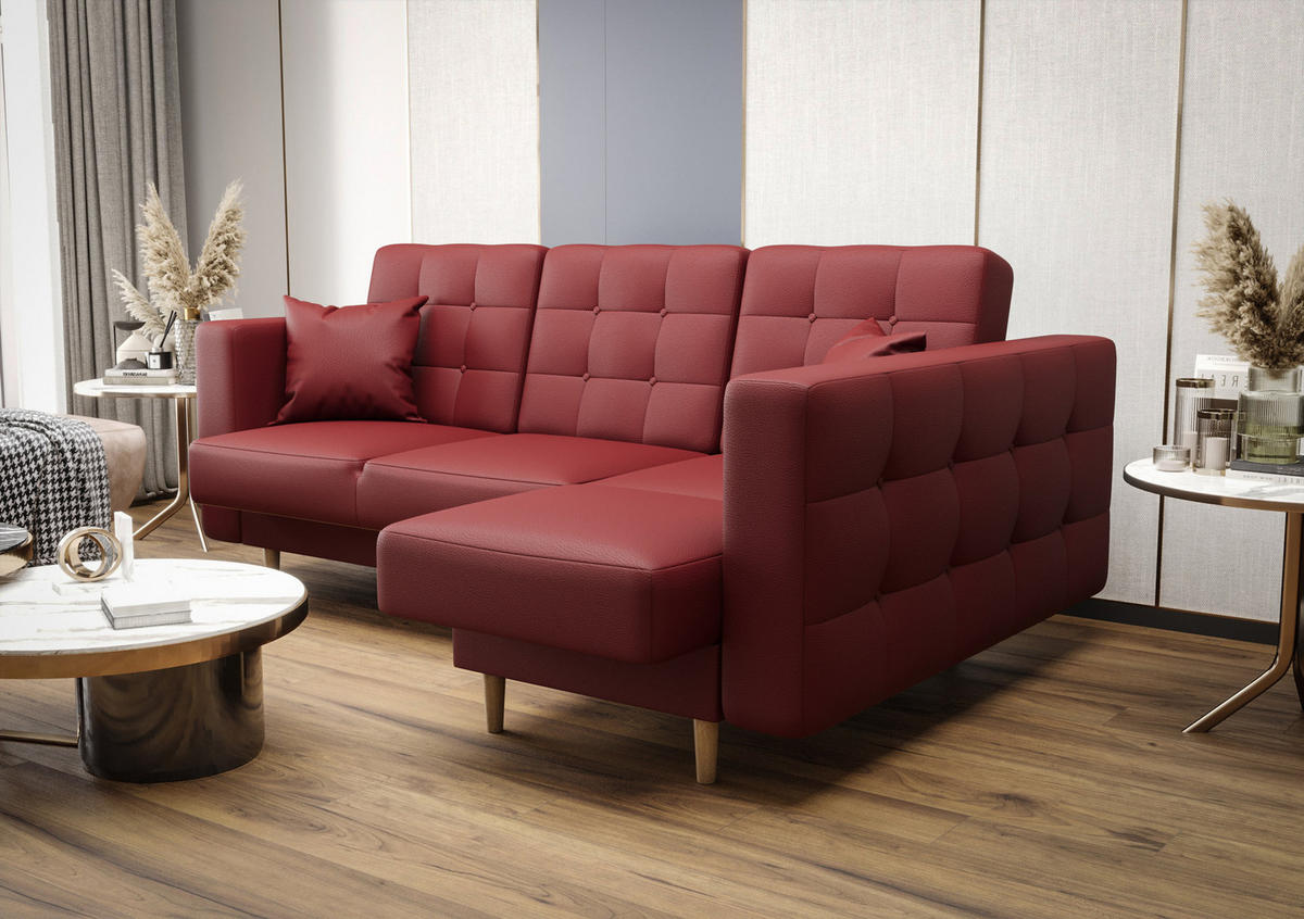 ECKSOFA KONGO RBN12, Eckcouch in L-Form mit Schlaffunktion, Farbe: Rot, Kunstleder, Ottomane Rechts - Rot, Textil (225/158cm) - O-Sofa