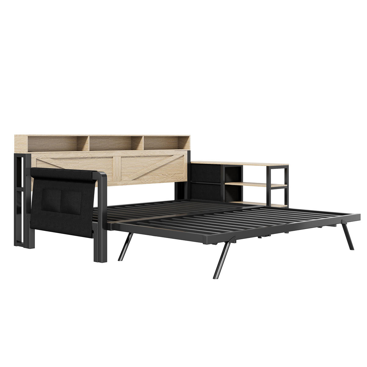 RAHMENBETT 90x200cm, Metall, Ausziehbett, Schrank, Schubladen, LED, USB, Schwarz - Schwarz, Holzwerkstoff (90/200cm)