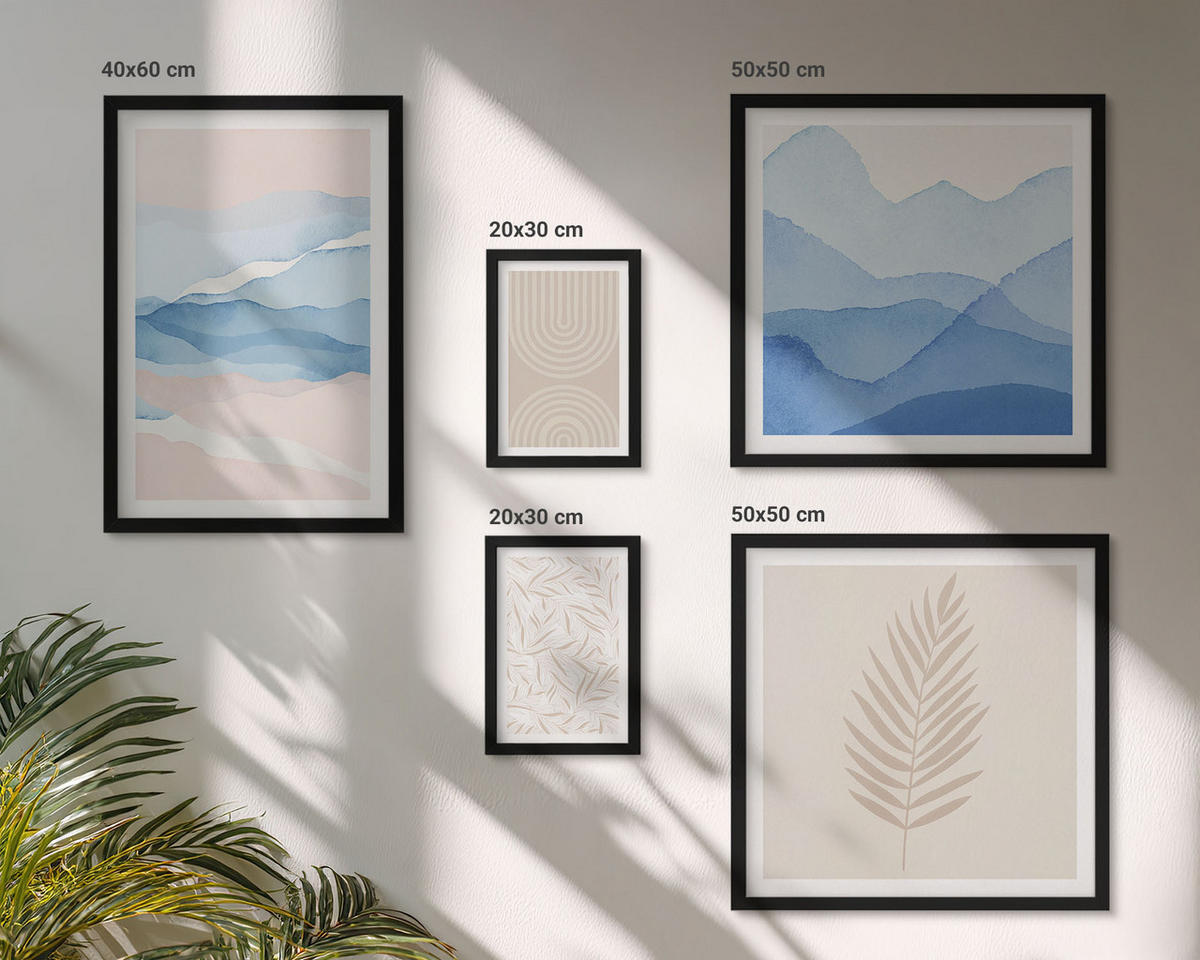 WANDBILDER 5er-Set - 50x50 cm & 20x30 cm & 40x60 cm Schwarzer Rahmen - Blätterwellen beige blau - Schwarz, Kunststoff (40/60cm) - ArtPrintCave