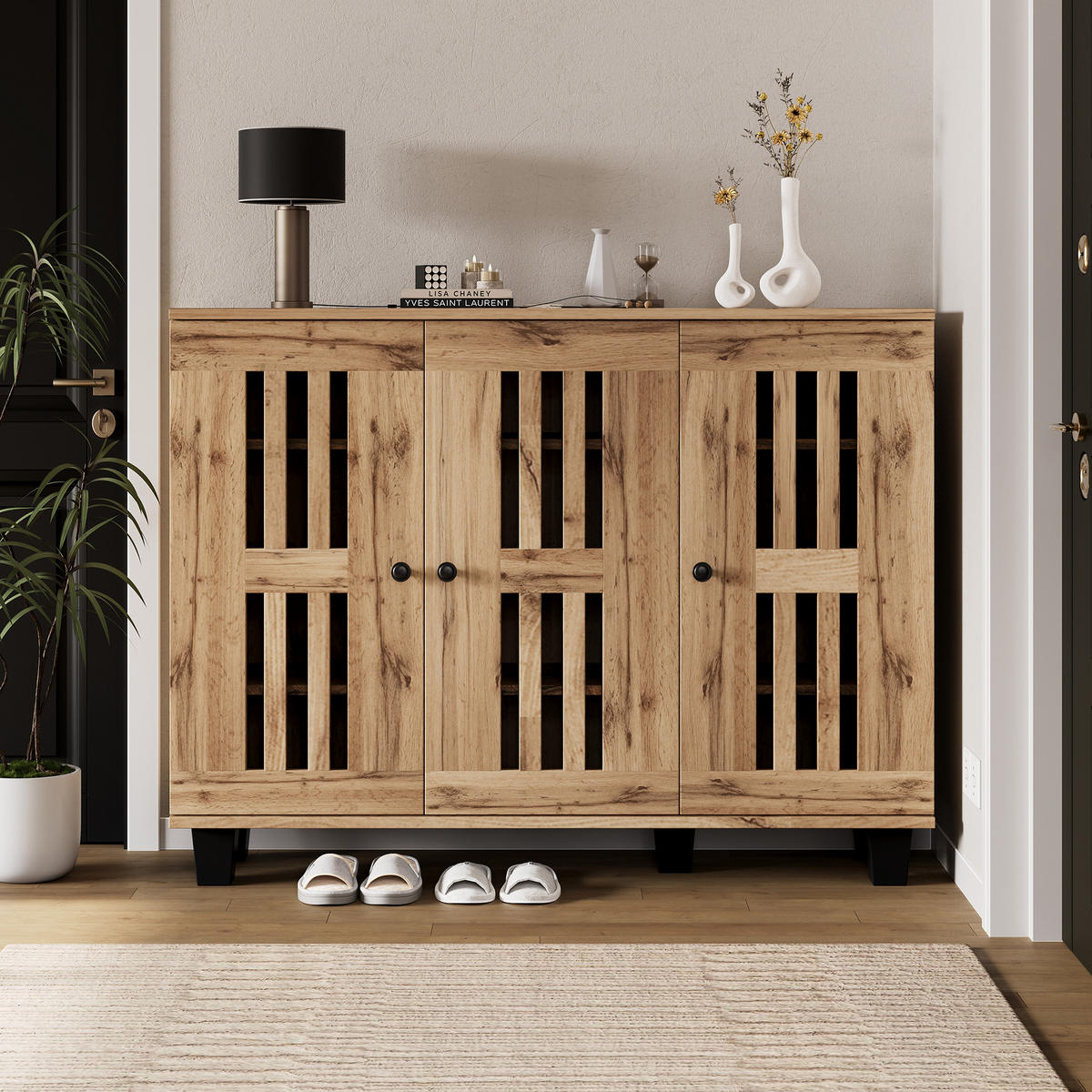 SIDEBOARD Holzoptik Natur, 3 Türen mit Innenfächern und Lamellenfronten, 120/32/92 cm - Naturfarben, Holzwerkstoff (120/92/32cm) - WISHDOR