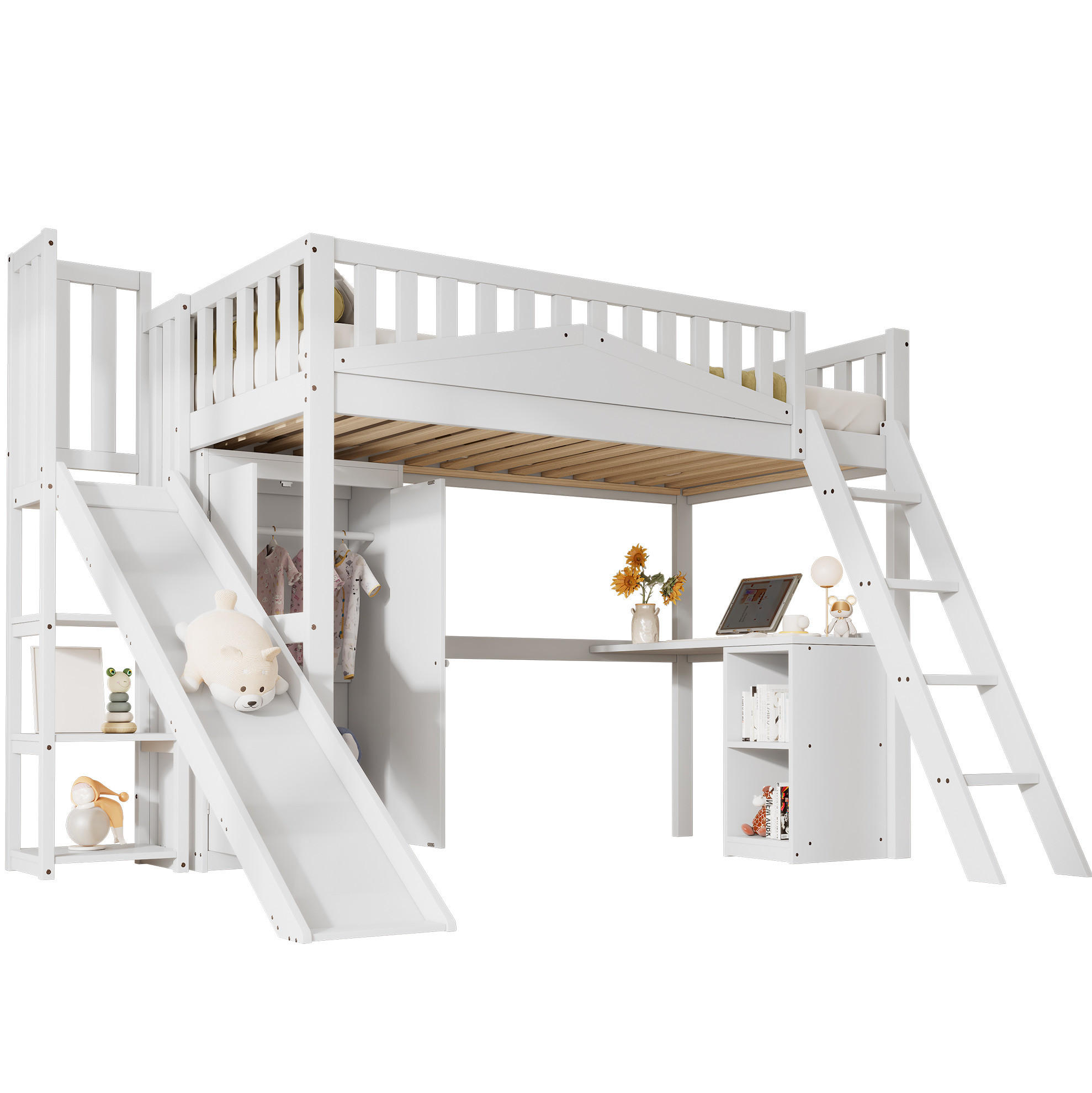 ETAGENBETT 90/200 cm Weiß mit Fallschutzgitter und Tisch aus Kiefer+MDF - Weiß, Holzwerkstoff (90/200cm) - OKWISH