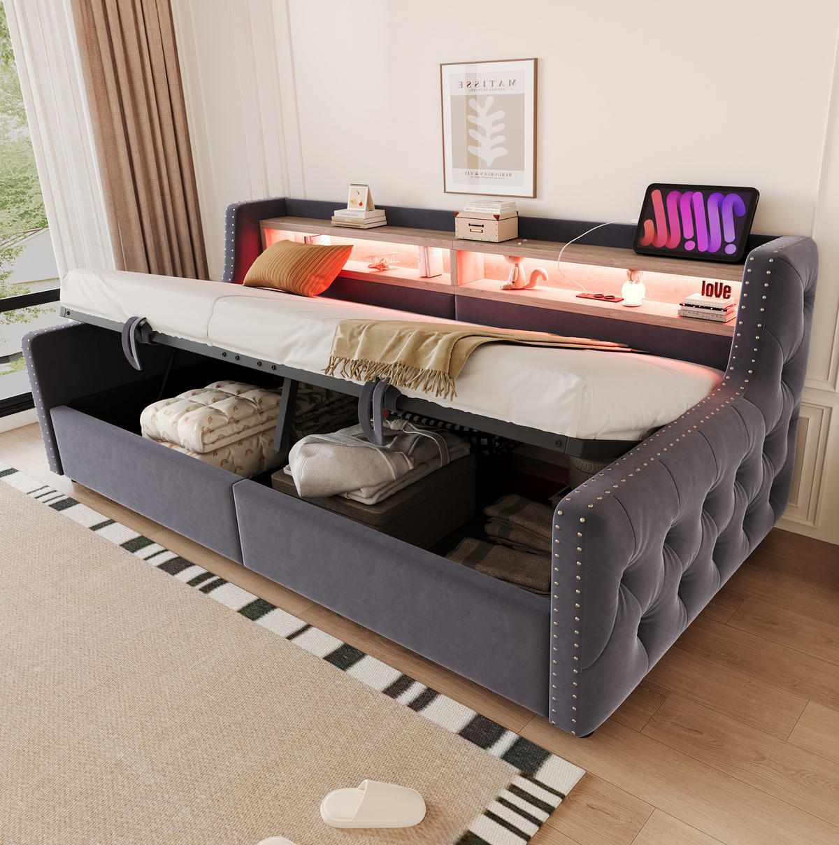 POLSTERBETT 90/200 cm aus Samt mit LED Stauraum und Ladeanschlüssen Dunkelgrau - Grau, Textil (90/200cm) - Modenvie