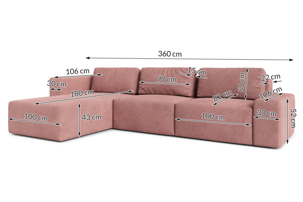 ECKSOFA L Form Arkleton Rosa 360/180/93 cm Links Stil & Komfort - Pink/Schwarz, Kunststoff/Textil (180/360cm) - AX Living