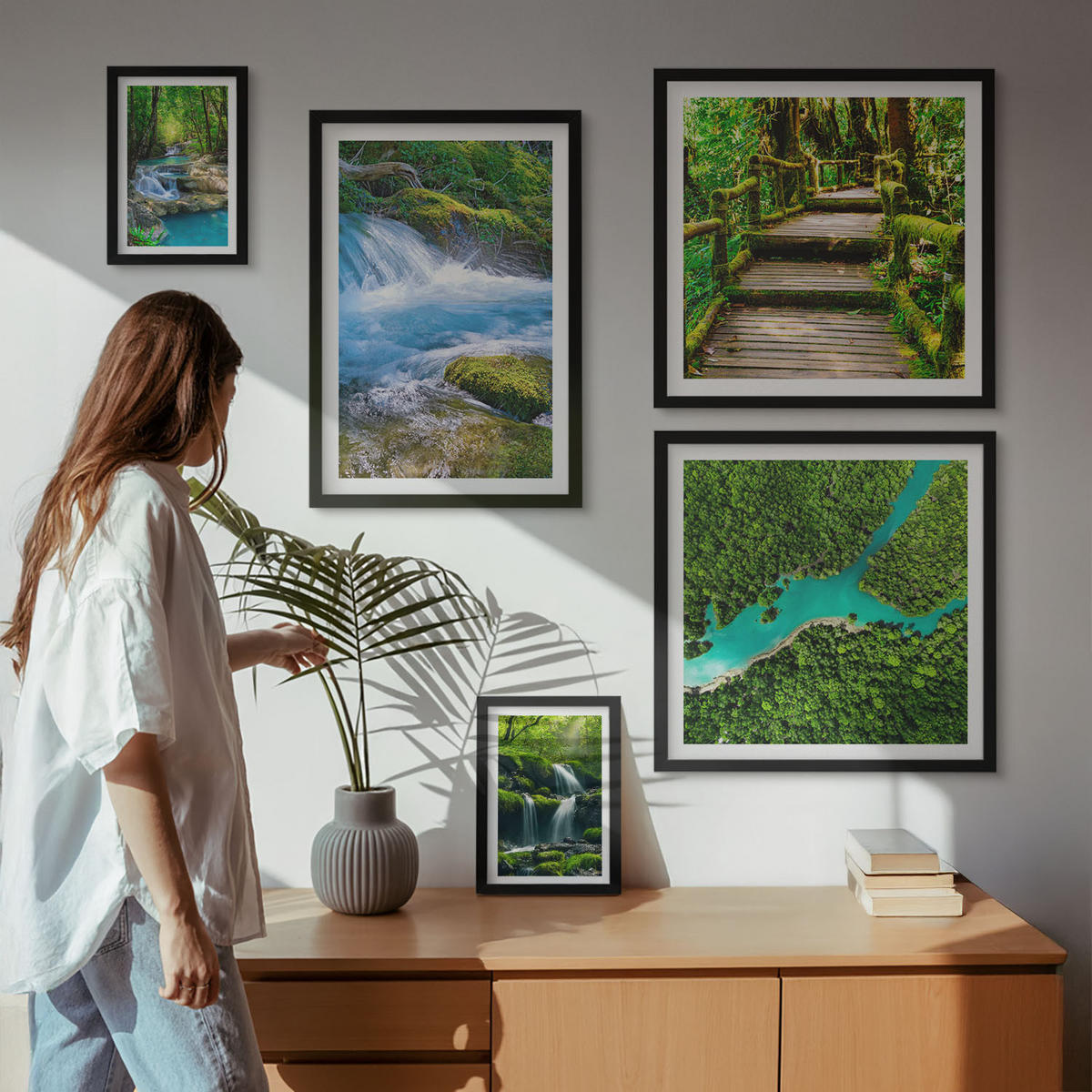 WANDBILDER 5er-Set - 50x50 cm & 20x30 cm & 40x60 cm Schwarzer Rahmen - Grüne Berge, Flussfelsen - Schwarz, Kunststoff (40/60cm) - ArtPrintCave