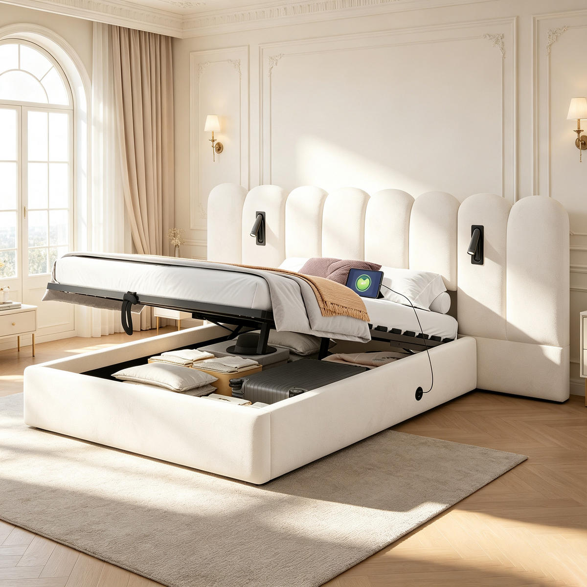 BOXBETT 160/200 mit Wolken Kopfteil, Bettkasten/Leselampe/USB, Samt, Beige - Beige, Holz/Textil (160/200cm) - LVHOM