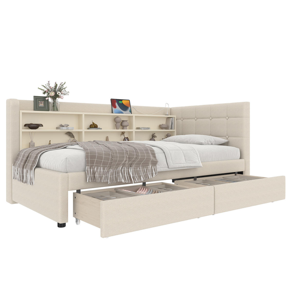 POLSTERBETT 90/200 cm aus Leinen mit 2 Schubladen, USB-C und Ablagefächern, Beige - Beige, Textil (90/200cm) - Redom