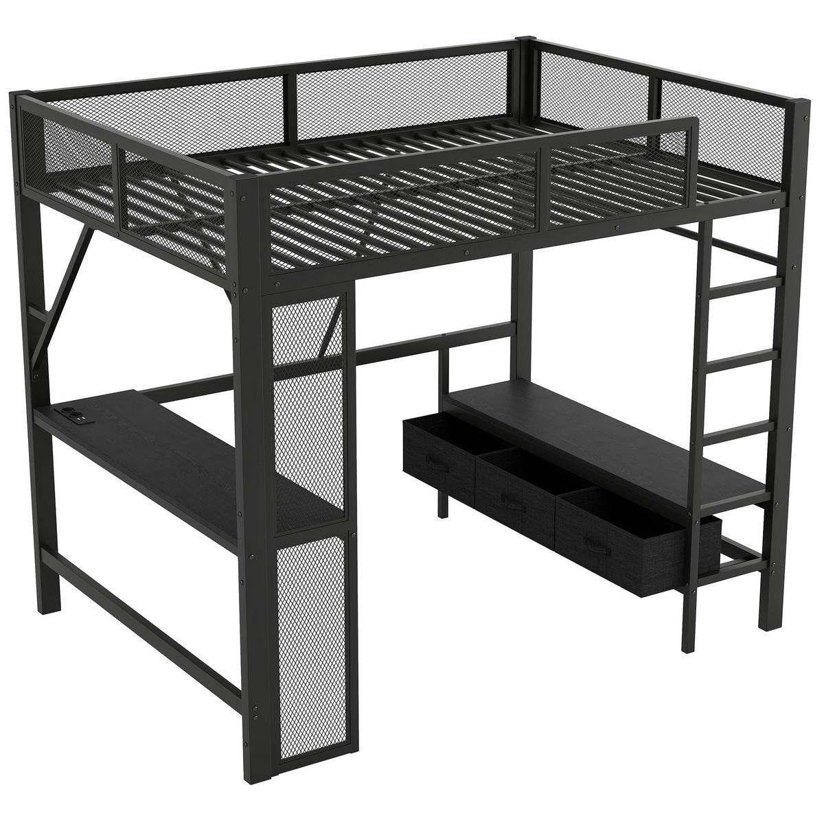 HOCHBETT 140/200 cm aus Metall mit LED-Beleuchtung, USB-Anschluss, Schreibtisch und 3 Schubladen, Schwarz - Schwarz, Holzwerkstoff (140/200cm) - Redom