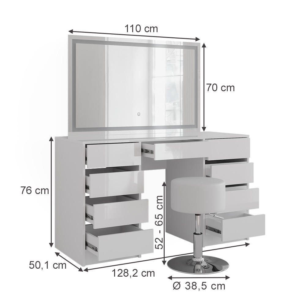 SCHMINKTISCH Sherry Weiß/Weiß Hochglanz 128.2 cm mit LED-Spiegel und Hocker - Weiß Hochglanz, Holzwerkstoff (128.2/76/50.1cm) - Vicco