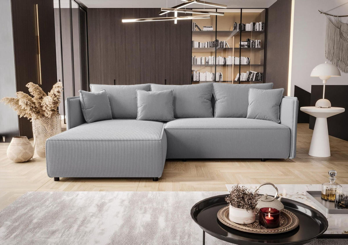 ECKSOFA MILANO links hellgrau Cord Poso 110 - Schlaffunktion, Bettkasten - Hellgrau, Textil (245/185cm) - Cornero