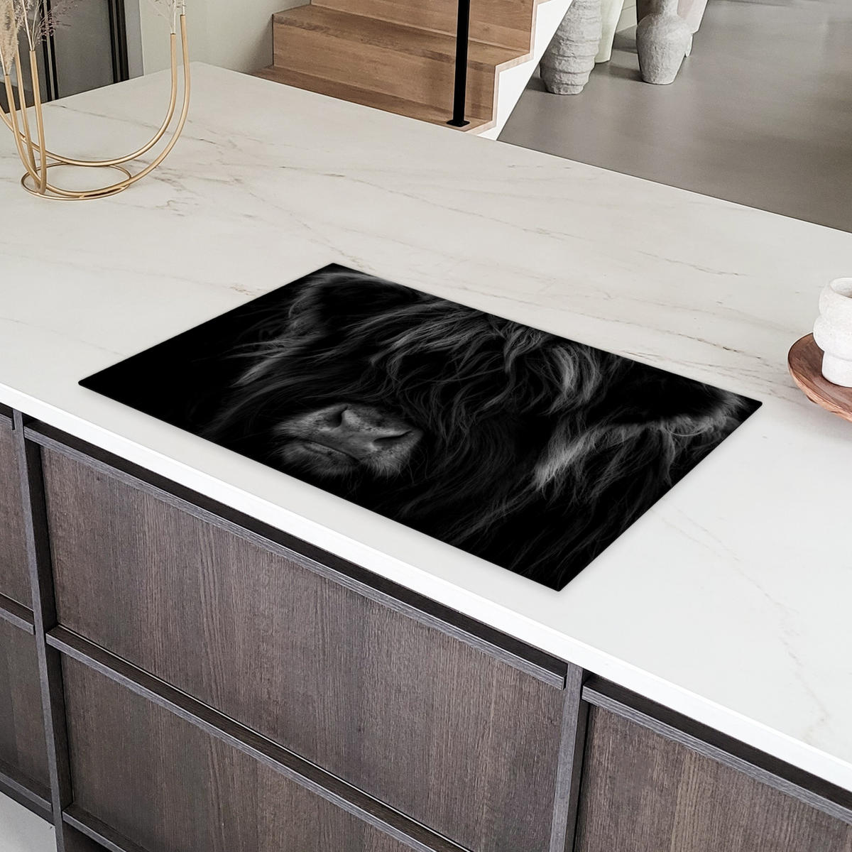 HERDABDECKPLATTE Schottischer Highlander - Kuh - Schwarz - Weiß - Tiere Induktionsmatte 83x51 cm - Schwarz, Kunststoff (83/51.5/0.2cm) - MuchoWow