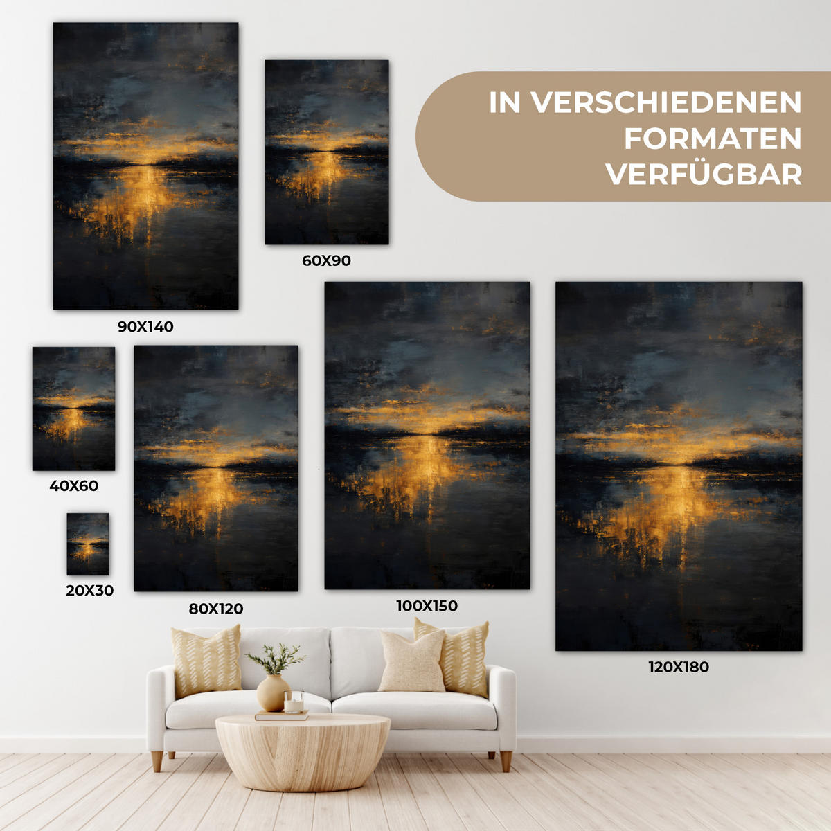 LEINWANDBILD Goldene Reflexion auf dem Wasser Deko XXL 80x120 cm - Anthrazit, Textil (80/120cm) - MuchoWow