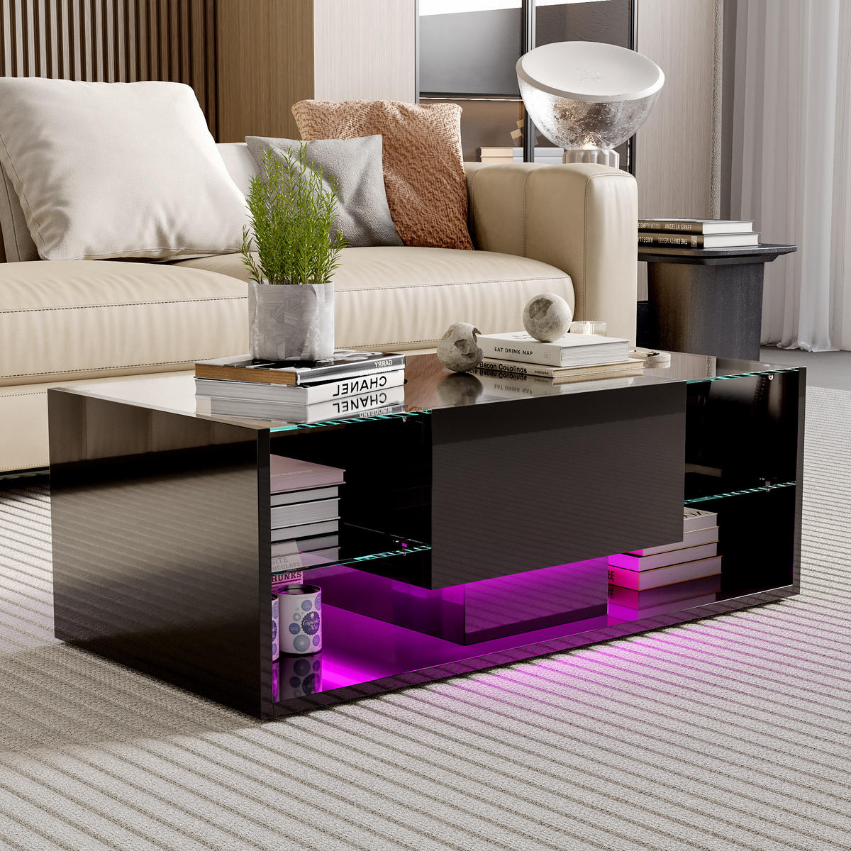 COUCHTISCH SCHWARZ MIT LED & GLAS Hochglanz, 100x50x35cm, Modern Wohnzimmer - Schwarz, Stein (100/50/35cm) - CASIVA