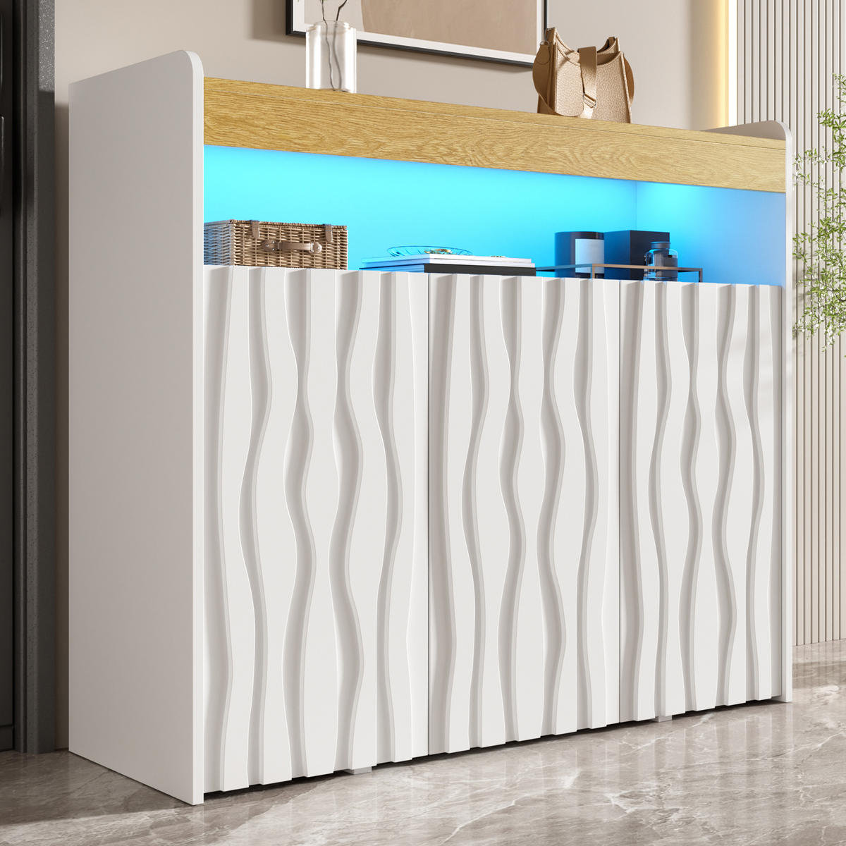 SIDEBOARD Schuhschrank LED 3 Türen Wellenmuster Ablagen 105cm - Multicolor, Holzwerkstoff (105/90.5/35cm) - FLIEKS