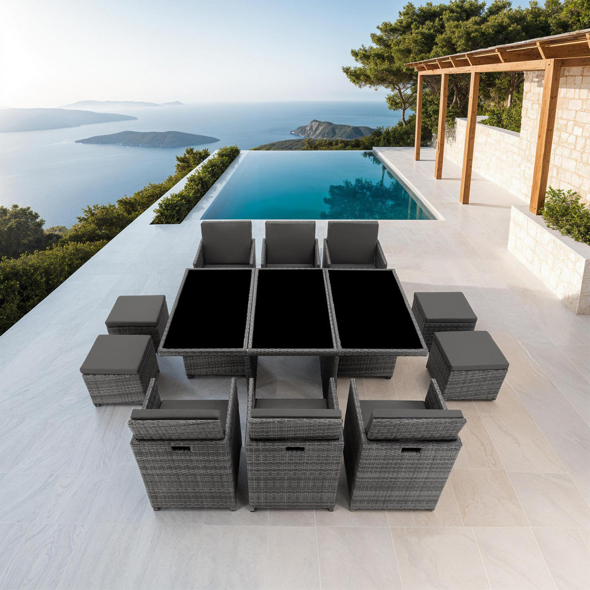 RATTAN SITZGRUPPE New York,2 Bezugssets, zusammenschiebbar, inklusive Schutzhülle,grau - Grau, Kunststoff - tectake
