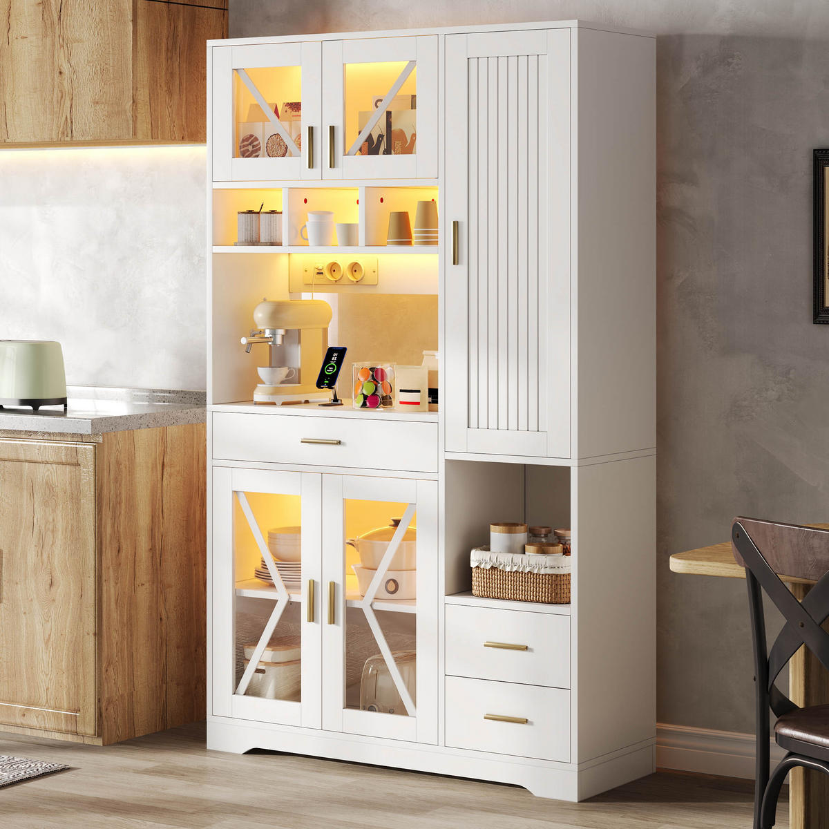 BUFFET 105/39/185 cm Weiß mit farbwechselnder LED-Beleuchtung und 2 Schublade - Weiß, Holz (105/185/40cm) - Oxeza