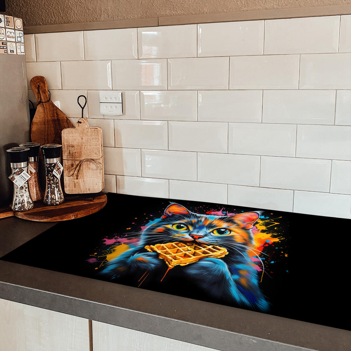 HERDABDECKPLATTE Katze - Graffiti - Bunt - Waffel - Essen Ceranfeldabdeckung 90x52 cm - Multicolor, Kunststoff (90/52/0.2cm) - MuchoWow