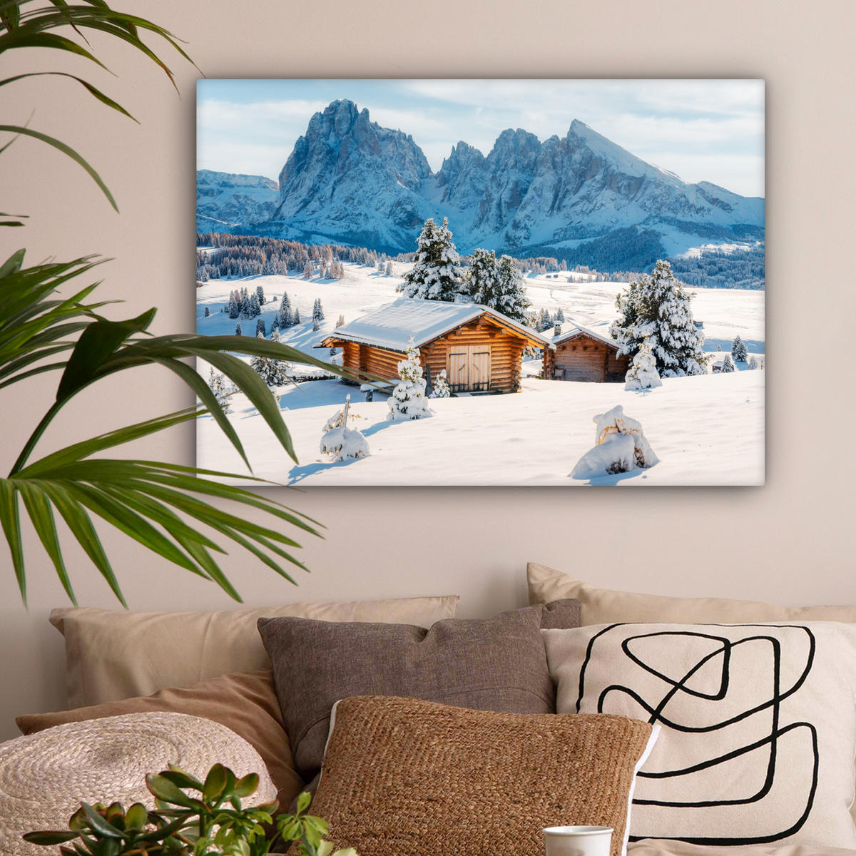 LEINWANDBILD Winter - Hütte - Berge - Aussicht - Schnee Wandbilder 80x60 cm - Eichefarben, Textil (80/60cm) - MuchoWow