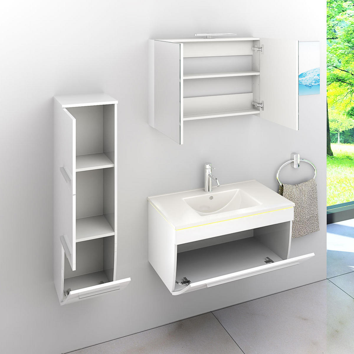 BADMÖBEL Set Gently 3 V2-L Weiß Badezimmermöbel Badspiegel Waschtisch 80 cm mit 1x 5W LED-Strahler - Weiß, Glas/Kunststoff (46/40/80cm) - AcquaVapore by Sandra Jentho