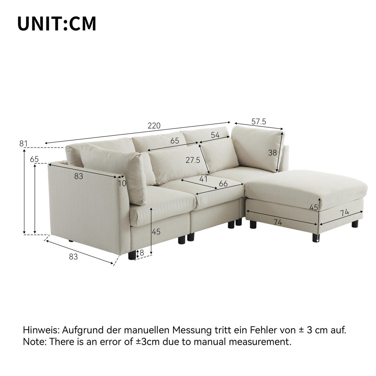 ECKSOFA L-Form Dreisitzer mit Fußhocker Modern Polster Beige - Beige, Holz (76/76cm) - FLIEKS