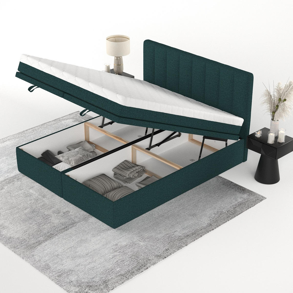 BOXBETT Lume 160/200 cm Grün im Riva Stoff - Schwarz/Grün, Holz/Holzwerkstoff (160/200cm) - AltaBeds