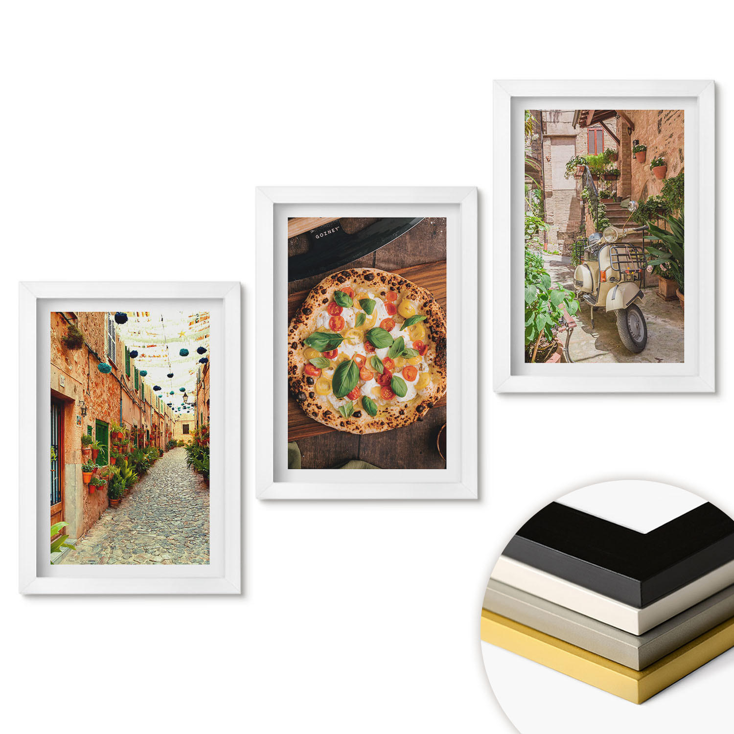 WANDBILDER 3er-Set - 20x30 cm Weißer Rahmen - Charmante Straßen mit Pizza - Weiß, Kunststoff (20/30cm) - ArtPrintCave