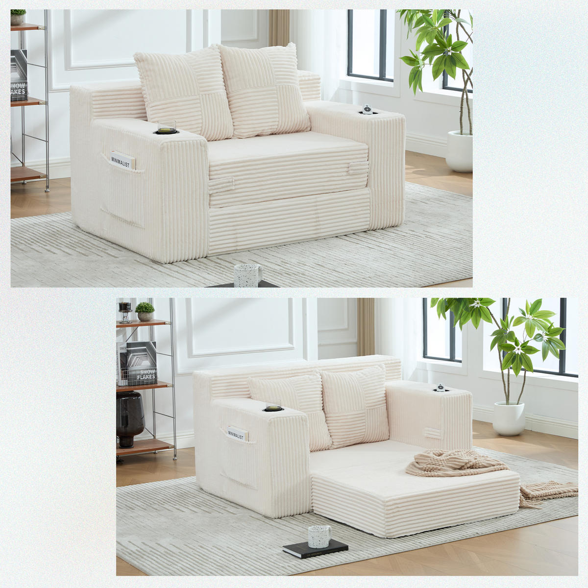 1,5-SITZER ausklappbar, Getränkehalter/Seitentasche, Cord, Beige - Beige, Textil (133/64/87cm) - LVHOM